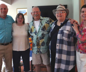 From left: Dean Cartier, Bernice Clark, Roy Blomquist, Val Lovelace, and Carolyn Howard attend a garden party fundraiser for Lovelace on Saturday, June 29. The group, who are all former colleagues, organized the get-together, which took place at Blomquist's home in Nobleboro. (Piper Pavelich photo)