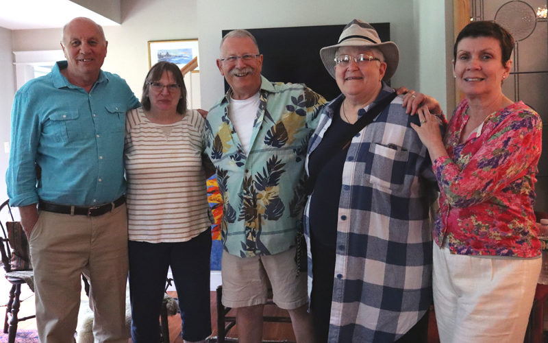 From left: Dean Cartier, Bernice Clark, Roy Blomquist, Val Lovelace, and Carolyn Howard attend a garden party fundraiser for Lovelace on Saturday, June 29. The group, who are all former colleagues, organized the get-together, which took place at Blomquist's home in Nobleboro. (Piper Pavelich photo)