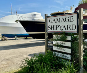 The Gamage Shipyard sign at the entrance of the businesss property on Wednesday, July 3, off of Gamage Drive in South Bristol. On June 28, the shipyard was sold to Maine Yacht Center in Portland. According to representatives from the Portland-based business, the full-service shipyard will retain its name. (Johnathan Riley photo)