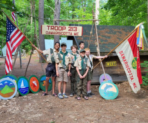 Damariscotta Troop 213 Scouts at Camp Hinds in Raymond. From left: Malachi Donaldson, Elijah Smith, Matthew Roberts, Christopher Clark, Nevan Paulino, and Spencer Cunningham. (Courtesy photo)