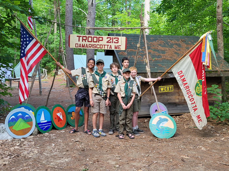 Damariscotta Troop 213 Scouts at Camp Hinds in Raymond. From left: Malachi Donaldson, Elijah Smith, Matthew Roberts, Christopher Clark, Nevan Paulino, and Spencer Cunningham. (Courtesy photo)