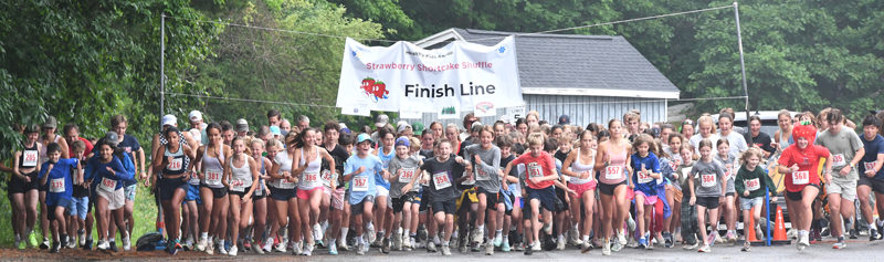 A record number of 222 participants stamped from the starting line at the 19th annual Healthy Kids Strawberry Shortcake Shuffle 5K on Saturday, July 6 in Damariscotta. (Mic LeBel photo)