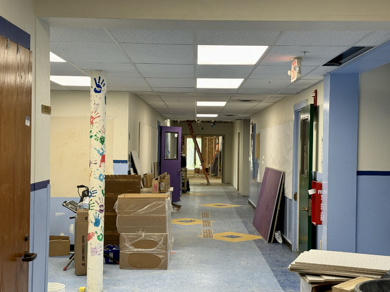 A hallway in Bristol Consolidated School with scattered debris from renovation and construction on Wednesday, Aug. 14. Students are set to return to the building on Tuesday, Sept. 3. (Johnathan Riley photo)