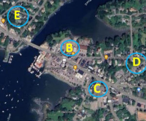 Damariscotta town officials have identified The Second Congregational Church of Newcastle (A), Bangor Savings Bank (B), First National Bank (C), Elm Street in Damariscotta (D), and Cross Street in Newcastle (E) as alternative parking locations while the municipal lot undergoes reconstruction beginning Tuesday, Sept. 3. (Courtesy photo)