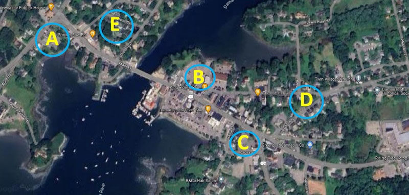 Damariscotta town officials have identified The Second Congregational Church of Newcastle (A), Bangor Savings Bank (B), First National Bank (C), Elm Street in Damariscotta (D), and Cross Street in Newcastle (E) as alternative parking locations while the municipal lot undergoes reconstruction beginning Tuesday, Sept. 3. (Courtesy photo)