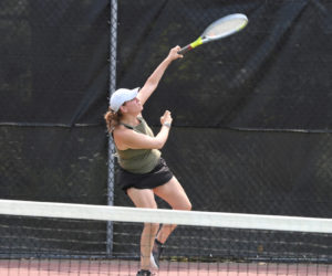 Amy Choi serves the ball during the Sanford Open Doubles Tournament at Lincoln Academy on Friday, Aug. 16. (Mic LeBel photo)