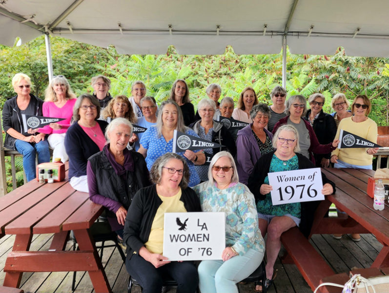 The LA Women of 1976 reunion was a celebration of friendship, camaraderie, and shared experiences. Shown from left, first row: organizers Paula Quintal and Betsy Cable Graves. Second row: Rebecca Hatch Hinck, Valerie Staab Chipman, Gail Spinney OConner, Roz Welsh, and Linda Williams McFarland. Third row: Karen Stockmann, Joyce Farrin Lucas, Holly Dinsmore, Jane Benner, Dorothy Cole Dinsmore, and Eileen Reilly. Fourth row: Judy Brackett Verney, Stephanie Holmes Russell, Amy Lincoln Sykes, Wanda Russell Wilcox, Ann Webster Jackson, Belinda Osier, Sue Rand McAlister, Becky Lane Bryant, Brenda Lane, and Rosa Sinclair Redonnett (Photo courtesy Lincoln Academy)