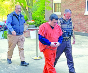 Lincoln County Sheriff's Deputies Lt. Michael Murphy (left) and Sgt. Scott Hayden escort Tyler Witham-Jordan into the Lincoln County Courthouse for an evidence suppression hearing Tuesday, Sept. 24. Although the court agreed to limit some areas of testimony, a sozen defense motions to restrict or eliminate testimony evidence were largely unsuccessful. Witham-Jordan attorneys were largely unsuccessful lines Witham-Jordan is charged with intentional or knowing or depraved indifference murder in the death of 3-year-old Makinzlee Handrahan on Dec. 25, 2022. (Sherwood Olin photo)