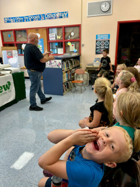 Mr. Drew and His Animals Too entertain Nobleboro Central School students with turtles, snakes, frogs, lizards, and other creatures on Sept. 12. (Photo courtesy Nobleboro Central School)