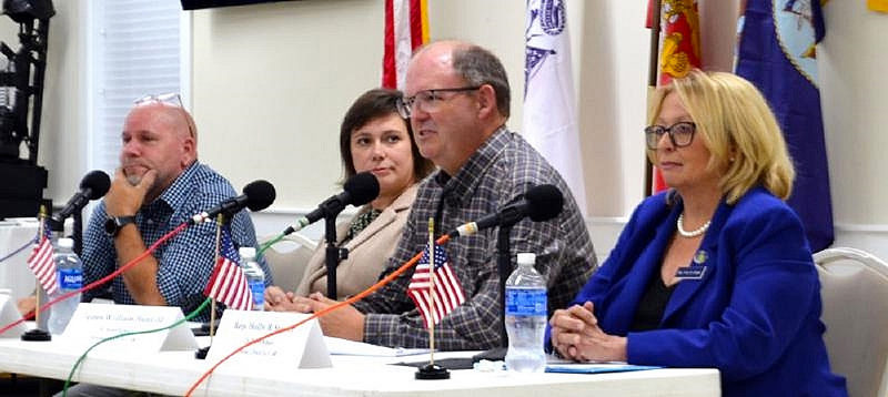 Candidates for Senate District 13 and House District 48 respond to moderator questions during a forum on Thursday, Oct. 3 in Boothbay. From left: Dale Harmon, R-East Boothbay; state Sen. Cameron Reny, D-Bristol; James William Hunt III, R-Southport; and state Rep. Holly Stover, D-Boothbay. (Photo courtesy Fritz Freudenberger/Boothbay Register)