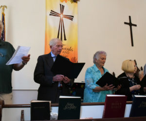 From left: John Boak, John Tutton, Ava Keene, Louise Nicolosi, and Donna Finneran sing Albert Brumley's "I'll Fly Away" as part of the Bremen Union Church choir on Sunday, Sept. 29. (Nolan Wilkinson photo)