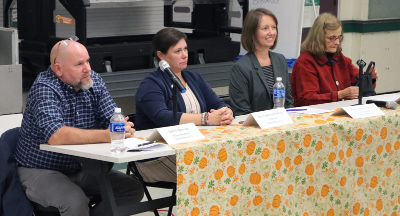 From left: Senate District 13 candidates Dale Harmon, R-East Boothbay, and Sen. Cameron Reny, D-Bristol, and House District 46 candidates Rep. Lydia Crafts, D-Newcastle, and Mary Lou Daxland, R-Newcastle, listen to a question during a candidates forum at Great Salt Bay Community School in Damariscotta the evening of Thursday, Oct. 10. (Piper Pavelich photo)