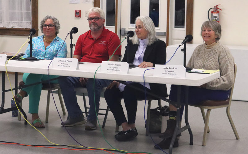 From left: Senate District 24 candidates Suzanne Andresen, I-West Bath; Jeffrey Pierce, R-Dresden; Denise Tepler, D-Topsham; and House District 53 candidate Judith "Judy" Tunkle, D-Dresden; smile as audience members applaud at the end of a forum at Pownalborough Hall in Dresden the evening of Monday, Sept. 30. (Piper Pavelich photo)