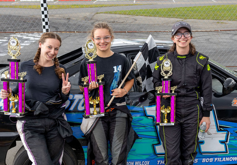 Ladies Acceleration Tour 4 Cylinders top three at the Wiscasset Speedway Saturday, Oct. 5. From left: Jody Rose, Destiny Overlock, and Delaney Dunn. (Photo courtesy Jasen Dickey Photography)