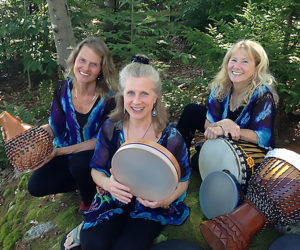 The percussion group Inanna, Sisters in Rhythm. From left, Annegret Baier, holding a shekere, used in Brazilian cultures; Shirsten Lundblad, with a Tar frame-drum, used by many Middle Eastern peoples; and Tori Morrill surrounded by African hand drums, called djembes, and a tambourine. (Courtesy photo)