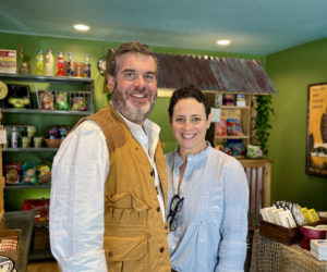 Penn and Jaime Way stand in Barco, at 95 Main St. in Damariscotta, on the stores opening day, Friday, Nov. 15. The store, which sells a selection of international pantry staples and vintage finds, is in the same building as the couples other business, Sea Smoke Shop that sells handmade glassware, such as pipes and other products. (Johnathan Riley photo)