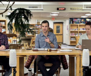 Great Salt Bay School Committee Chair August Avantaggio (center) leads a discussion during the committees Wednesday, Nov. 13 meeting as member Betsy Ball (left) and GSB Superintendent Lynsey Johnston look on. Johnston announced that the plan to formally withdraw from AOS 93 and form an RSU was approved by Maine Department of Education Commissioner Pender Mankin, which will take effect July 1, 2025. (Johnathan Riley photo)