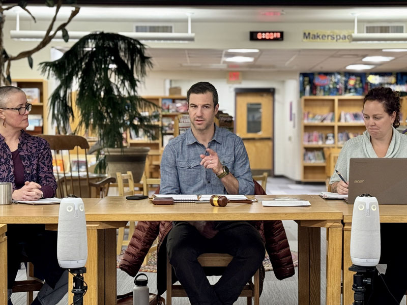 Great Salt Bay School Committee Chair August Avantaggio (center) leads a discussion during the committees Wednesday, Nov. 13 meeting as member Betsy Ball (left) and GSB Superintendent Lynsey Johnston look on. Johnston announced that the plan to formally withdraw from AOS 93 and form an RSU was approved by Maine Department of Education Commissioner Pender Mankin, which will take effect July 1, 2025. (Johnathan Riley photo)