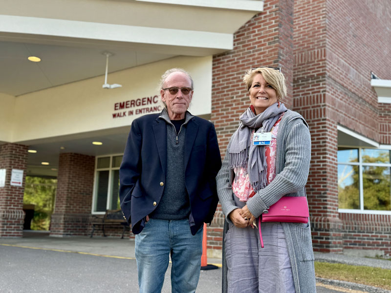 Addiction resource advocate Tim Cheney and MaineHealth Lincoln Hospital President Cindy Wade stand outside of the emergency department at the Miles Campus in Damariscotta on Sept. 24. Cheney and Wade worked together to install New Englands first free Narcan vending machine at a health care facility. (Johnathan Riley photo)