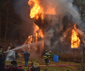 Fire consumes a barn on Gardiner Road in Jefferson the afternoon of Wednesday, Oct. 30. (Molly Rains photo)