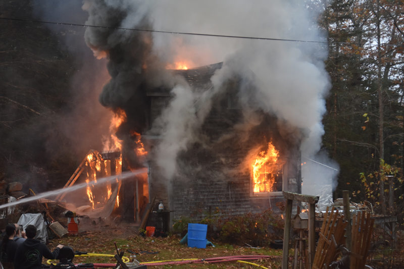 A barn in Jefferson's Gardiner Road burns on the afternoon of Wednesday, Oct. 30. The Lincoln County Communications Center paged first responders from five departments to the scene at 2:50 p.m. (Molly Rains photo)