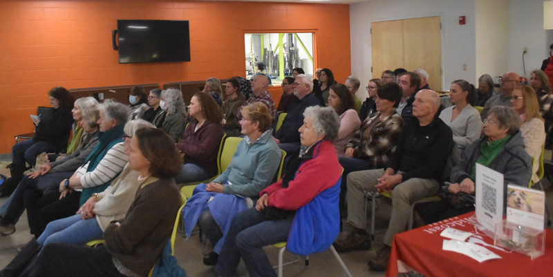 Lincoln County residents gather for a town hall meeting to discuss Midcoast Humane's future at the Central Lincoln County YMCA the evening of Thursday, Nov. 21. With the organization's current location in Edgecomb nearing the end of its useful life, Executive Director Jess Townsend told attendees that the future of animal sheltering in Lincoln County would depend on fundraising and community commitment. (Molly Rains photo)