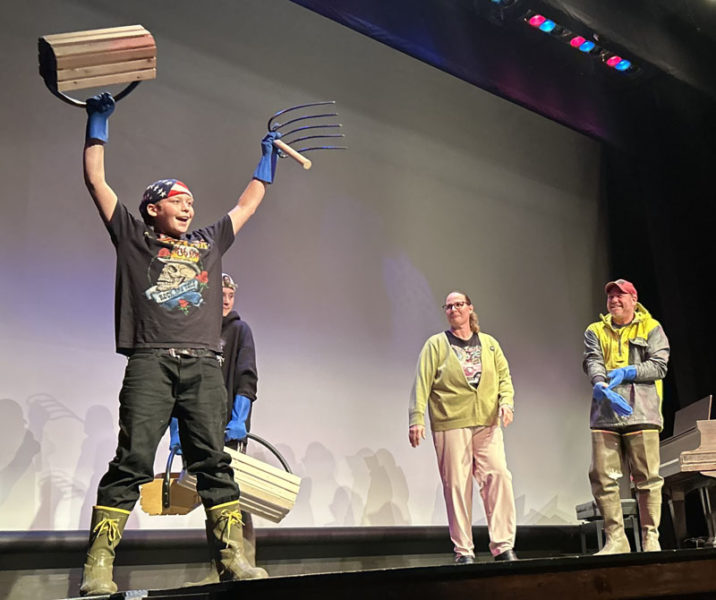 Noah and Jesse Campbell (left) finish performing Do the Clam and head off stage with Loretta Severson and Abden Simmons (right) on Saturday, Nov. 2 at The Waldo Theatre in Waldoboro. (Johnathan Riley photo)