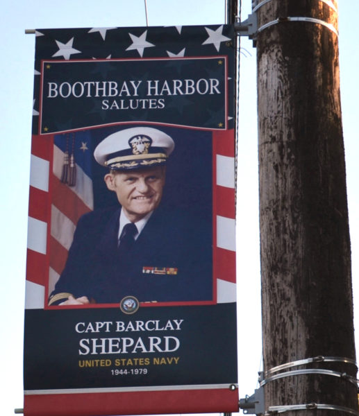 The image of Capt. Barclay Shepard is displayed on a banner mounted on a utility pole in front of Hammond Lumber Co., at 275 Townsend Ave. in Boothbay Harbor. The banner is one of hundreds erected by the Boothbay Region Veterans Banner Project, an initiative launched by the Charles E. Sherman American Legion Post 36 in 2023 to honor the men and women who served in the United States military. (Charlotte Boynton photo)