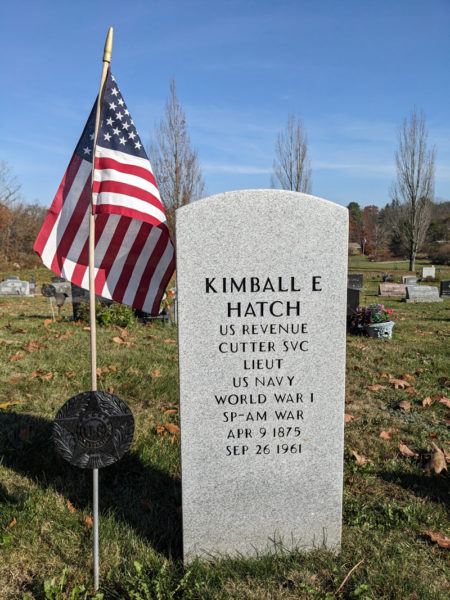 The headstone in Hillside Cemetery, of Damariscotta, for Lt. Kimball E. Hatch, a veteran of the U.S. Revenue Cutter Service in the Spanish-American War and of the U.S. Navy in WWI. (Photo courtesy Patti Whitten)