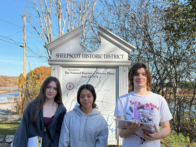 Wiscasset Middle High School American History students (from left) Xoe Morse, Jessie Rhinebolt, and Elijah Bouchard and their classmates toured Sheepscot Village in late October while conducting an archaeological review of Madame Elizabeth Gent and Fort Anne. (Photo courtesy Wiscasset Middle High School)