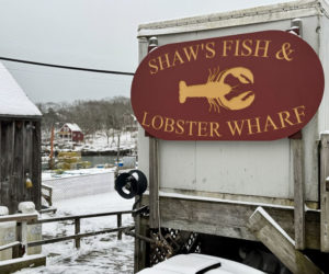 Shaws Fish and Lobster Wharf, a seasonal restaurant and commercial fishing dock, in New Harbor after a light snow on Tuesday, Dec. 10. The restaurant and its associated properties went up for sale on Friday, Dec. 6 and is listed at $3,375,000. (Johnathan Riley photo)