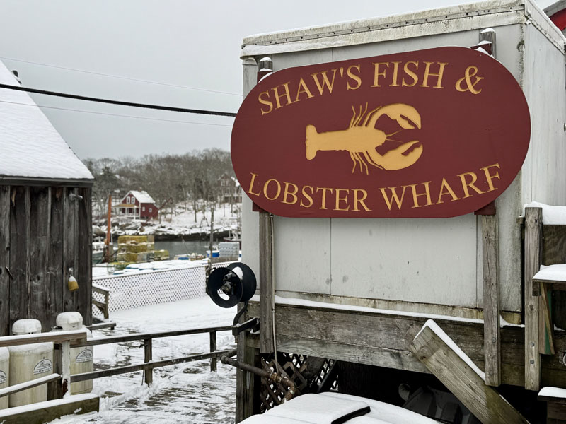 Shaws Fish and Lobster Wharf, a seasonal restaurant and commercial fishing dock, in New Harbor after a light snow on Tuesday, Dec. 10. The restaurant and its associated properties went up for sale on Friday, Dec. 6 and is listed at $3,375,000. (Johnathan Riley photo)