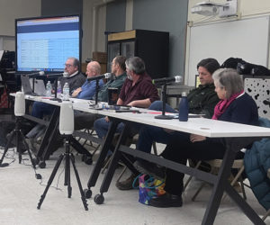 From left: AOS 93 Business Manager Peter Nielsen, AOS 93 Superintendent Todd Sanders, and AOS 93 Board members Wayne Parlin, Matt Benner, Christian Cotz, and June Donenfeld attend the central office budget meeting at Great Salt Bay Community School in Damariscotta the evening of Wednesday, Dec. 18. The group answered questions about the budget during the two-hour meeting, during which voters ultimately rejected the final total. (Piper Pavelich photo)