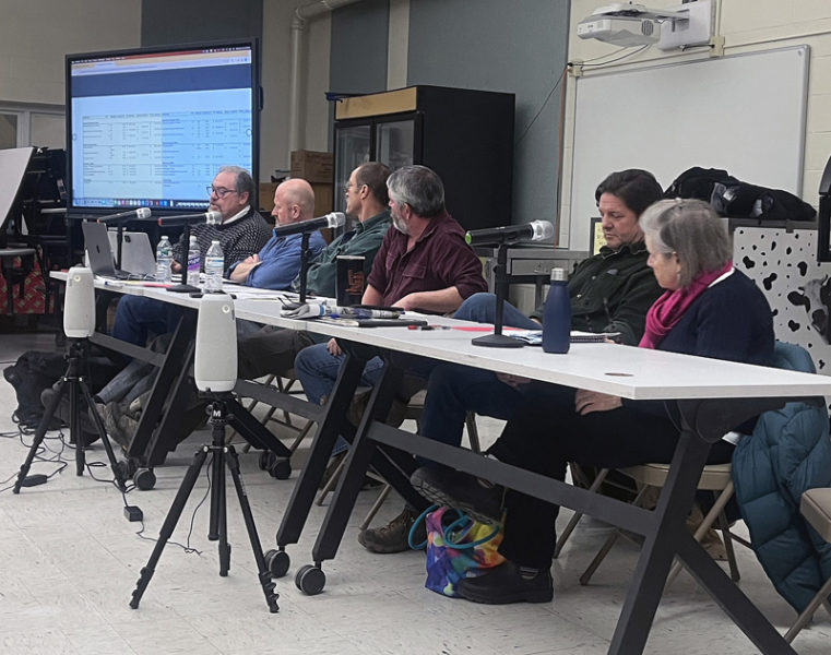 From left: AOS 93 Business Manager Peter Nielsen, AOS 93 Superintendent Todd Sanders, and AOS 93 Board members Wayne Parlin, Matt Benner, Christian Cotz, and June Donenfeld attend the central office budget meeting at Great Salt Bay Community School in Damariscotta the evening of Wednesday, Dec. 18. The group answered questions about the budget during the two-hour meeting, during which voters ultimately rejected the final total. (Piper Pavelich photo)