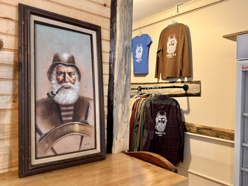 A portrait of an old sea captain leans against the wall in Panacea, at 100 Main St. in Wiscasset, on Thursday, Jan. 16. The portrait served as inspiration for the restaurants logo, which is printed on upcycled merchandise. (Johnathan Riley photo)