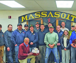 Members of the Massasoit Engine Co. in Damariscotta are joined by a couple of family members to gather for a photo after the company's annual meeting Tuesday, Jan. 14. During the meeting, members celebrated former Fire Chief William Brewer, Capt. Steve O'Bryan, and Assistant Chief Jon Pinkham for their lengthy service records. Brewer was elected to his 25th consecutive year as company treasurer, O'Bryan was elected to his 27th consecutive year as company clerk, and Pinkham was elected to his 25th year as a chief officer. (Courtesy photo)