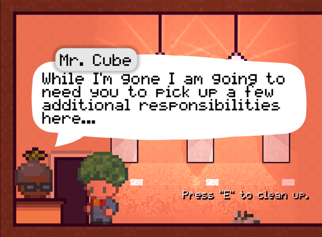 A screenshot from Shyborg Games debut title "The Art Collector" shows Gallery Manager Mr. Cube assigning tasks to the player. Jason and Jesse Hinman created the game in part to honor some of the many artists they have known throughout their lives. (Courtesy photo)