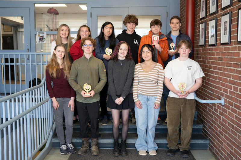 Lincoln Academys 2024-2025 math team. Front row, from left: MacKenzie Bernier, Holden Nherboss, Ori Taylor, Shayla Pheng, and Alec Buckley. Back row, from left: Lincoln Academy math teacher and math team coach Ashley Nolan, Amelia Starbird, Yudie Fujimoto, Alvah Gandler, Sebastian Morey, Jayden Brown. (Photo courtesy Lincoln Academy)