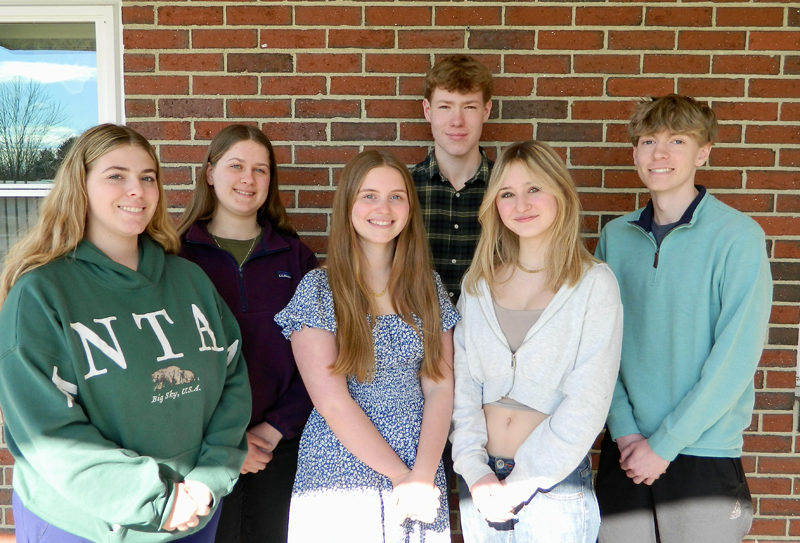 The top speakers from Medomak Valley High Schools Philbrook Speech Competition, held April 15. From left: Kaia Flaherty, honorable mention; C.J. Pluecker, second place; Kelsey Payson, third place; Cole Bruno, first place; Elisah Stanton, honorable mention; and Gavin White, honorable mention. (Photo courtesy Lisa Genthner Gunn)