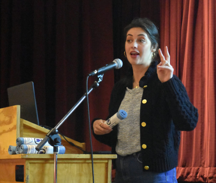 Taylor Millspaugh, director of municipal partnerships with material and waste management company WasteZero, speaks about pay-as-you-throw waste disposal at Medomak Valley High School on Tuesday, May 20. WasteZero manufactures trash bags using recycled plastic for sale to municipalities. Millspaugh said she believes pay-as-you-throw is the only "fair" way to handle trash disposal. (Molly Rains photo)