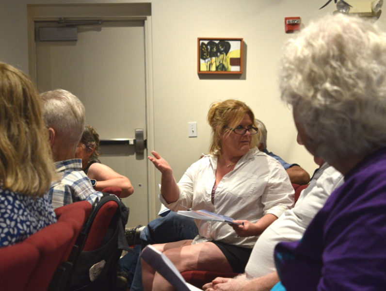 Leah Puckey advocates for the Damariscotta Fire Department's proposed purchase of a new ladder truck during the annual town meeting on Wednesday, June 11 at Skidompha Public Library in Damariscotta. (Ali Juell photo)