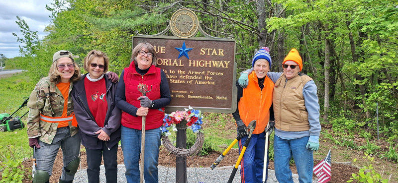 In recognition of the Memorial Day holiday, volunteers from the Old Bristol Garden Club cleaned up around the Blue Star Memorial on Route 1 in Damariscotta. The Blue Star Memorial Highway program was started in 1944 by the New Jersey Council of Garden Clubs as a living memorial to veterans of World War II. From left: Club members Tina Streker, Holly Emmons, Nancy Chick, Bunny Adams, and Amanda Miles. (Photo courtesy Holly Emmons)