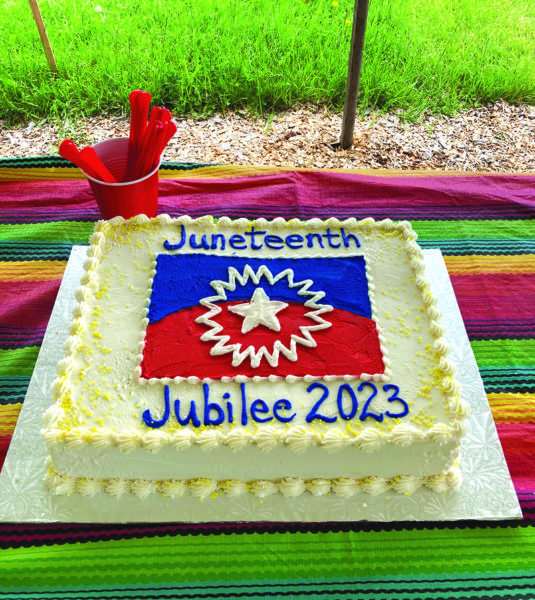 Bee AWARE will celebrate Juneteenth with a book walk, music, and other fun activities, including art for kids and adults and a giant festive cake made by Barn Door Bakery, much like this one served in 2023. (Photo courtesy The Good Supply)