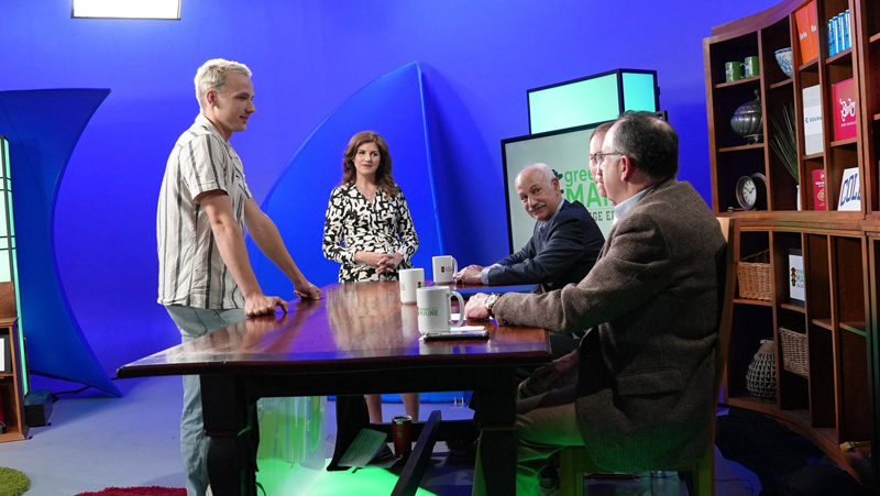 Zephyr Lani-Caputo (left) stands with the judges of Greenlight Maine's College Edition business competition show. (Photo courtesy Thomas College)