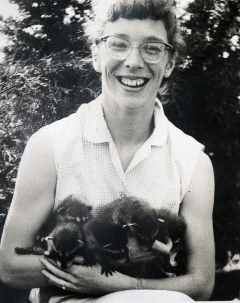 A young Nancy Holmes with an armful of orphaned raccoons. (Photo courtesy Peter Holmes)