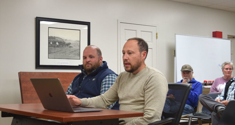Damariscotta Town Manager Andy Dorr (left) and Newcastle Town Manager Kevin Sutherland present early ideas for a shared public works department at the Newcastle Select Board's Monday, Sept. 22 meeting. The town managers and representatives from both towns have met since May to discuss a proposal for a shared department. (Ali Juell photo).