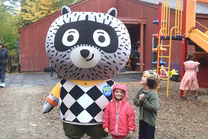 Luna Prock and August Cronkhite pose with PBS Kids character Carl the Collector at Coastal Kids Preschool's sensory-friendly event on Monday, Oct. 13 in Damariscotta. Carl the Collector, the namesake of a PBS Kids show, is the networks first main character with autism. (Christina Wallace photo)