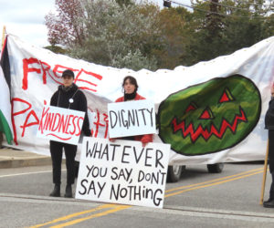 Activists attempt to block Main Street on the Damariscotta-Newcastle bridge the afternoon of Sunday, Oct. 12 leading up to the Damariscotta Pumpkinfest Regatta. The protest was intended to draw attention to Israels military campaign in Gaza. (Courtesy photo)