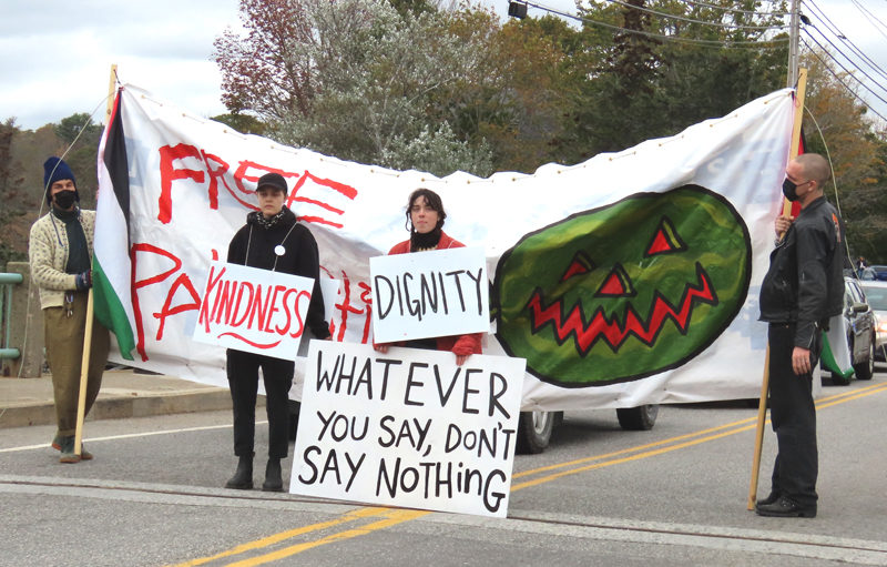 Activists attempt to block Main Street on the Damariscotta-Newcastle bridge the afternoon of Sunday, Oct. 12 leading up to the Damariscotta Pumpkinfest Regatta. The protest was intended to draw attention to Israels military campaign in Gaza. (Courtesy photo)