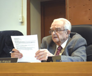William Blodgett reviews a report during a meeting of the Lincoln County Board of Commissioners on May 20. Blodgett was selected as Maine County Commissioner of the Month for September by the Maine Spirit of America Foundation. (LCN file photo)